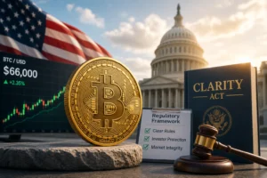 Bitcoin coin in the foreground with regulatory elements—Capitol building, checklist, gavel, and a Clarity Act book in the background