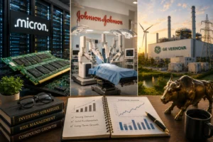 Three-panel collage: left shows Micron data servers and RAM, middle shows robotic surgical arms around a patient at Johnson & Johnson, right shows a GE Vernova energy plant with wind turbine at sunset; in the foreground is a desk with charts, books, and glasses, suggesting business and tech themes.