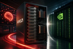 Front view of an AMD server rack with multiple hot-swappable drive bays, red glow illuminating the interior in a high-tech data center.
