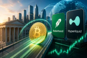 Bitcoin coin on a neon track beside city skyline; app panels show Robinhood and Hyperliquid logos in a futuristic finance scene.