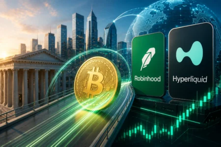Bitcoin coin on a neon track beside city skyline; app panels show Robinhood and Hyperliquid logos in a futuristic finance scene.