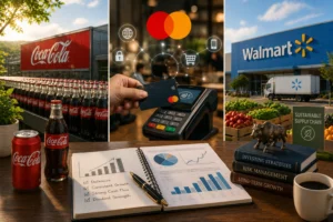 Triple-image collage: Coca-Cola bottles, a Mastercard payment terminal, and a Walmart storefront with a 'Sustainable Supply Chain' sign, set on a desk with charts and books.