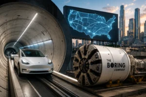 White Tesla on a rail inside a concrete tunnel, next to a large boring machine labeled The Boring Company and a neon blue map of the United States on a screen