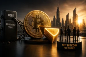Giant Bitcoin coin with gold wedges beside a chained block labeled DEBT, as executives stand on a platform reading NET BITCOIN PER SHARE against a sunset city skyline.
