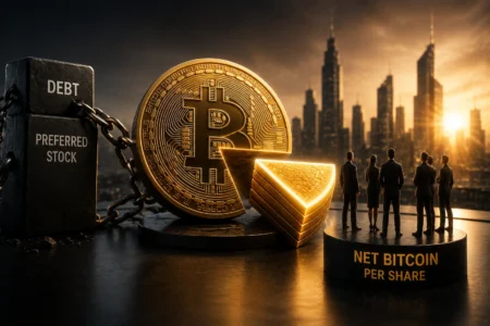Giant Bitcoin coin with gold wedges beside a chained block labeled DEBT, as executives stand on a platform reading NET BITCOIN PER SHARE against a sunset city skyline.