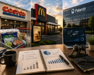Desk setup for business planning in front of retail storefronts: Costco, McDonald's, and Palantir buildings at sunset, with a laptop showing dashboards nearby.