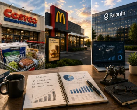 Desk setup for business planning in front of retail storefronts: Costco, McDonald's, and Palantir buildings at sunset, with a laptop showing dashboards nearby.
