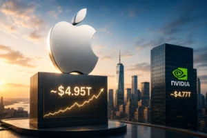 Apple logo sculpture atop a dark pedestal shows a rising stock readout around $4.95T, with the NYC skyline at sunset in the background.