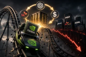 NVIDIA GPU mounted on a green race car racing along a roller-coaster track, with a glowing circular loop of logos (AMD, SK hynix, etc.) and a descending stock-like line in the background—illustrating GPU market competition.
