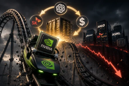 NVIDIA GPU mounted on a green race car racing along a roller-coaster track, with a glowing circular loop of logos (AMD, SK hynix, etc.) and a descending stock-like line in the background—illustrating GPU market competition.