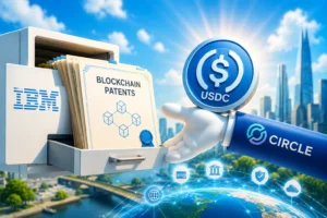 Hand extending from a blue sleeve labeled Circle offers a USDC coin to a filing cabinet labeled IBM with blockchain patents documents visible in a cityscape background.