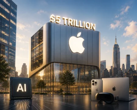 Apple flagship building with a large illuminated Apple logo and '$5 TRILLION' sign, foregrounded by AI chip and Apple devices (iPhone, MacBook, VR headset).