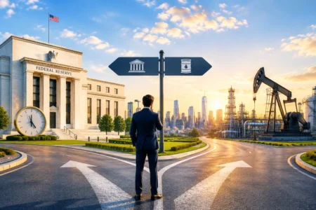 Businessman in a suit stands at a signpost with government and oil icons, near the Federal Reserve building, an oil rig, and a sunrise city skyline.