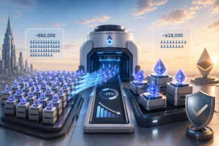 Futuristic crypto mining hub with a tunnel and glowing Ethereum symbols streaming along a conveyor.