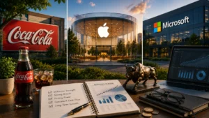 Office desk setup with notebook and laptop overlooking Apple, Coca-Cola, and Microsoft campuses at dusk, conveying tech finance collaboration