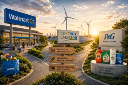 Walmart storefront at sunset with wind turbines, solar panels, and a sign announcing NextEra Energy and Branded displays nearby.