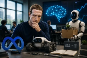 A man sits at a desk contemplating a small robotic vehicle as a robot in the background holds a box of office supplies. In the foreground are a blue infinity symbol and a notebook with tools. A large digital brain graphic is on a screen in the background.