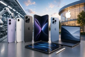 Lineup of Apple devices (iPhones in multiple colors, iPad, MacBook) on a desk with a futuristic factory/showroom background and robotic arms nearby.