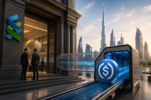 Two suited businessmen stand at the entrance of a modern bank while a large blue digital dollar coin moves along a high-tech conveyor in front of them.