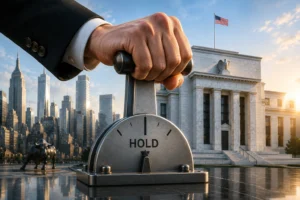 Close-up of a hand gripping a large 'HOLD' lever in front of a marble government building and city skyline.