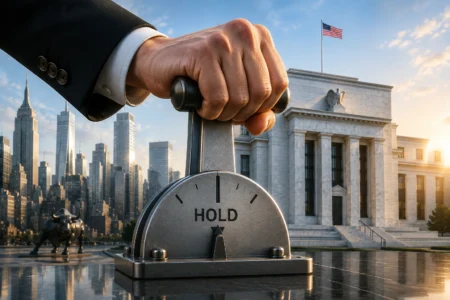 Close-up of a hand gripping a large 'HOLD' lever in front of a marble government building and city skyline.
