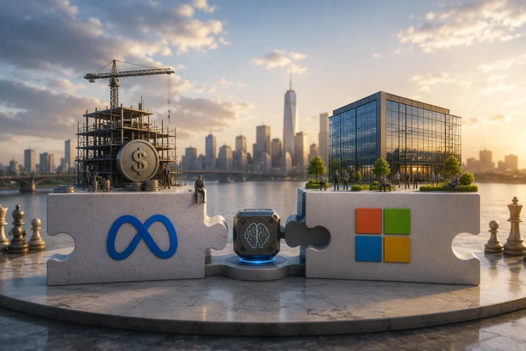 Meta Tersandung, Microsoft Buktikan Hasil Investasi AI Two puzzle pieces connect on a circular platform; left piece shows a blue infinity logo, right piece shows a four-square Microsoft logo, with a glowing brain device between and a city skyline in the background.