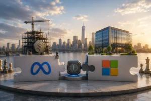 Two puzzle pieces connect on a circular platform; left piece shows a blue infinity logo, right piece shows a four-square Microsoft logo, with a glowing brain device between and a city skyline in the background.