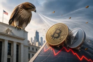 Hawk perched on a government building beside a US flag, with Bitcoin and Ethereum coins atop a falling stock chart.