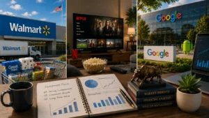 Three-panel collage: Walmart storefront, Netflix streaming scene in a living room, and Google campus exterior; foreground desk shows charts, a bull statue, books, and a plant.