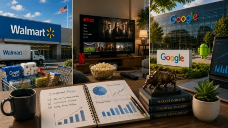 Three-panel collage: Walmart storefront, Netflix streaming scene in a living room, and Google campus exterior; foreground desk shows charts, a bull statue, books, and a plant.