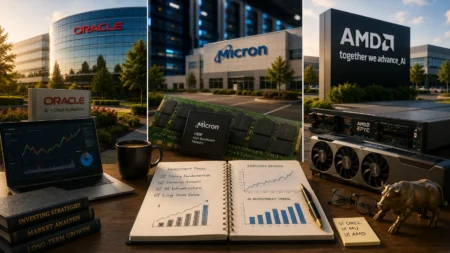 Investment desk setup with Oracle, Micron, and AMD signs in the background; laptop displaying stock charts, a notebook with graphs, and computer hardware on the table.