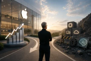 Man stands with arms crossed, facing a sunrise along a road beside an Apple Store, with a rising bar chart in the foreground.