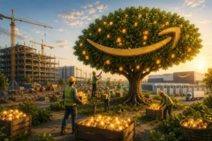 Construction site at sunset with a giant tree bearing glowing golden apples and a large Amazon smile emblem; workers gather fruit into crates.