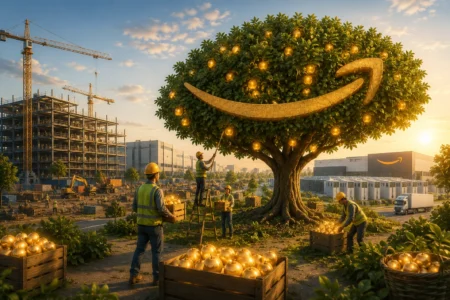 Construction site at sunset with a giant tree bearing glowing golden apples and a large Amazon smile emblem; workers gather fruit into crates.