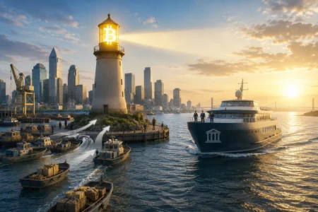 Lighthouse with a glowing Bitcoin symbol beams over a harbor at sunset, with a luxury yacht and city skyline.