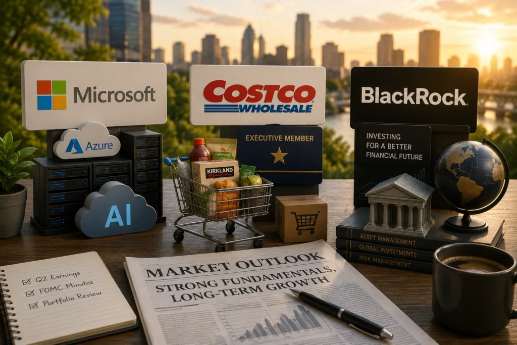 Signage for Microsoft, Costco, and BlackRock above a desk with cloud icons (Azure, AI), servers, a grocery cart of snacks, and a sunset city skyline in the background, conveying tech, retail, and finance synergy.