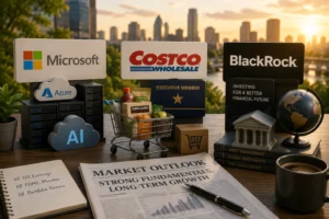 Signage for Microsoft, Costco, and BlackRock above a desk with cloud icons (Azure, AI), servers, a grocery cart of snacks, and a sunset city skyline in the background, conveying tech, retail, and finance synergy.