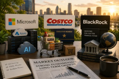 Signage for Microsoft, Costco, and BlackRock above a desk with cloud icons (Azure, AI), servers, a grocery cart of snacks, and a sunset city skyline in the background, conveying tech, retail, and finance synergy.