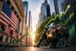 Bronze bull statue charging forward on a city street with an upward stock chart, US flags, and skyscrapers to show market rally.