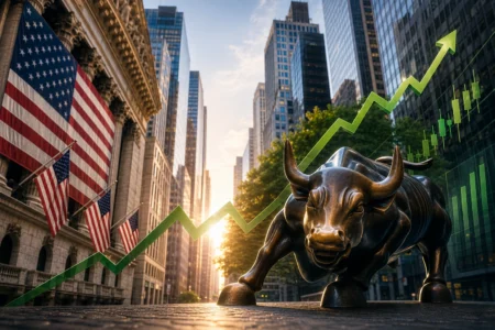 Bronze bull statue charging forward on a city street with an upward stock chart, US flags, and skyscrapers to show market rally.