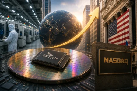 Sk Hynix chip on a reflective wafer with a glowing globe and rising arrow, NASDAQ sign, and U.S. flag in a city-lab scene.