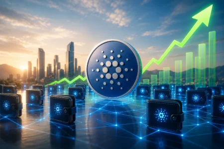 Cardano coin hovering over interconnected crypto wallets, with a rising green chart in the background.