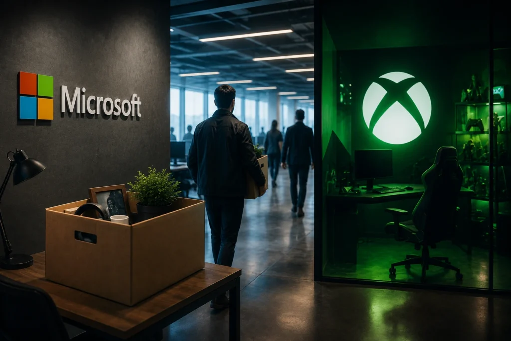Microsoft Restrukturisasi Xbox, Ribuan Karyawan Terdampak Microsoft office lobby with logo on dark wall; a person carries a box toward a green-lit Xbox room in the background.