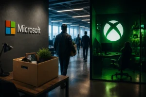 Microsoft office lobby with logo on dark wall; a person carries a box toward a green-lit Xbox room in the background.