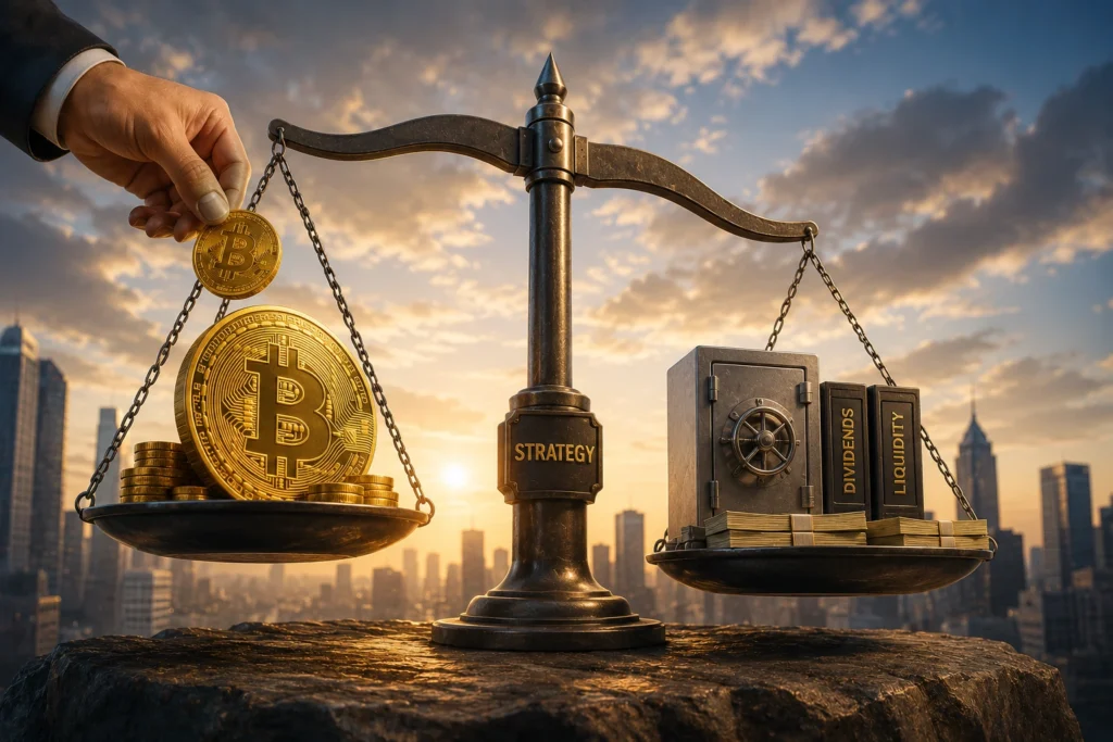 Scale balancing Bitcoin coins on the left with a safe full of cash and labeled 'Dividends' and 'Liquidity' on the right, against a city skyline at sunset.