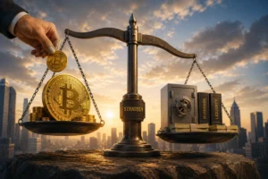 Scale balancing Bitcoin coins on the left with a safe full of cash and labeled 'Dividends' and 'Liquidity' on the right, against a city skyline at sunset.