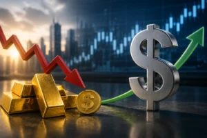 Gold bars and a dollar symbol with a red downward arrow and a green upward arrow over a stock chart, illustrating market fluctuations.