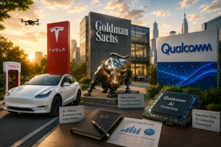 Electric car and drone near a Tesla charging post in a tech campus with Goldman Sachs and Qualcomm signage in sunset light