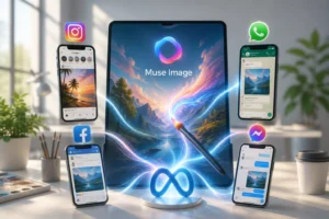 Tablet at center shows Muse Image with a glowing stylus and colorful energy streams, surrounded by smartphones displaying social apps like Instagram, Facebook, WhatsApp, and Messenger.