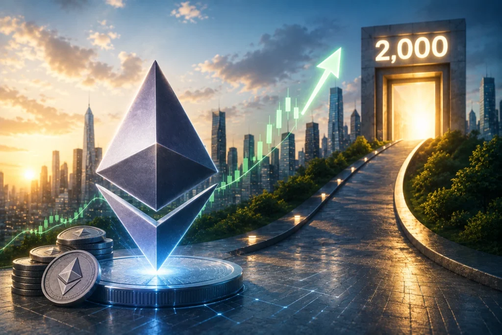 Ethereum symbol rising over coins with a glowing arrow indicating growth in a futuristic cityscape context of crypto investment opportunities.